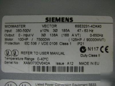 Siemens midimaster vector 6SE3231-4DK40 100HP 100 hp
