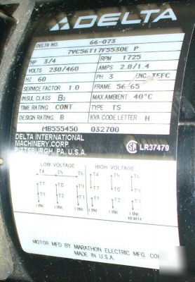 Delta 3/4HP 3 ph motor - 66-073 (3 available)