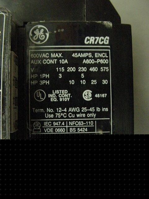 Ge CR7CG contactor 3POLE 72AMP 37/45AMP 600VAC 190-208V